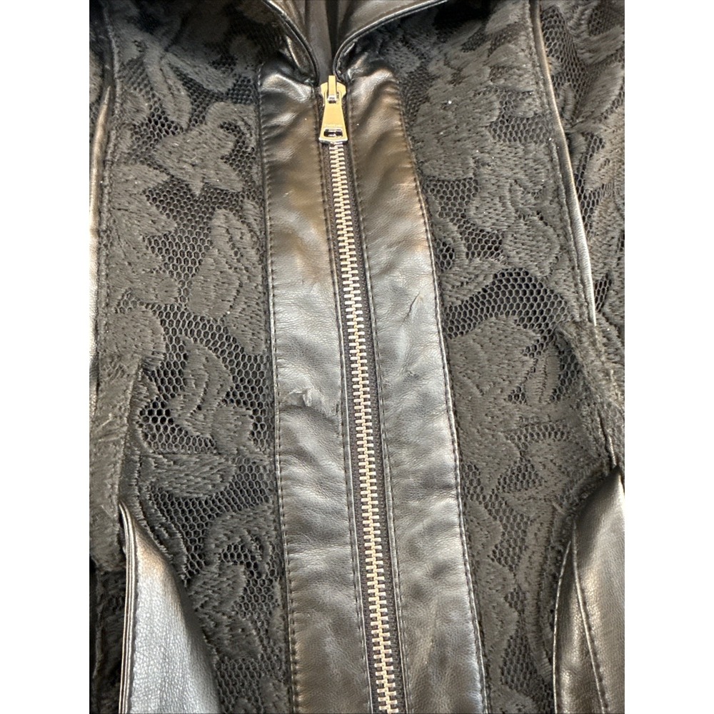 Bebe Black Barquard Fit and Flare Coat Faux Leather Trim Lace XS Asymmetric Zip - Picture 2 of 9